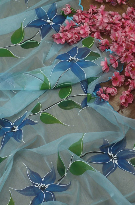 Blue Hand Painted Organza Silk Scalloped Border Dupatta - Luxurion World