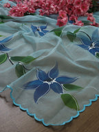 Blue Hand Painted Organza Silk Scalloped Border Dupatta - Luxurion World