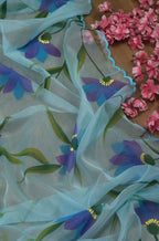 Blue Hand Painted Organza Silk Scalloped Border Dupatta - Luxurion World