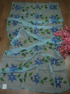 Blue Hand Painted Organza Silk Scalloped Border Dupatta - Luxurion World