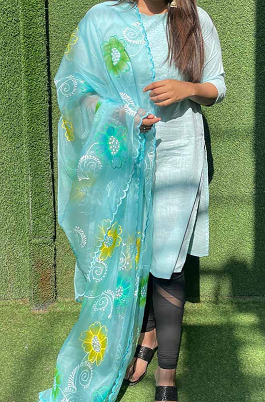 Blue Hand Painted Organza Silk Scalloped Border Dupatta - Luxurion World