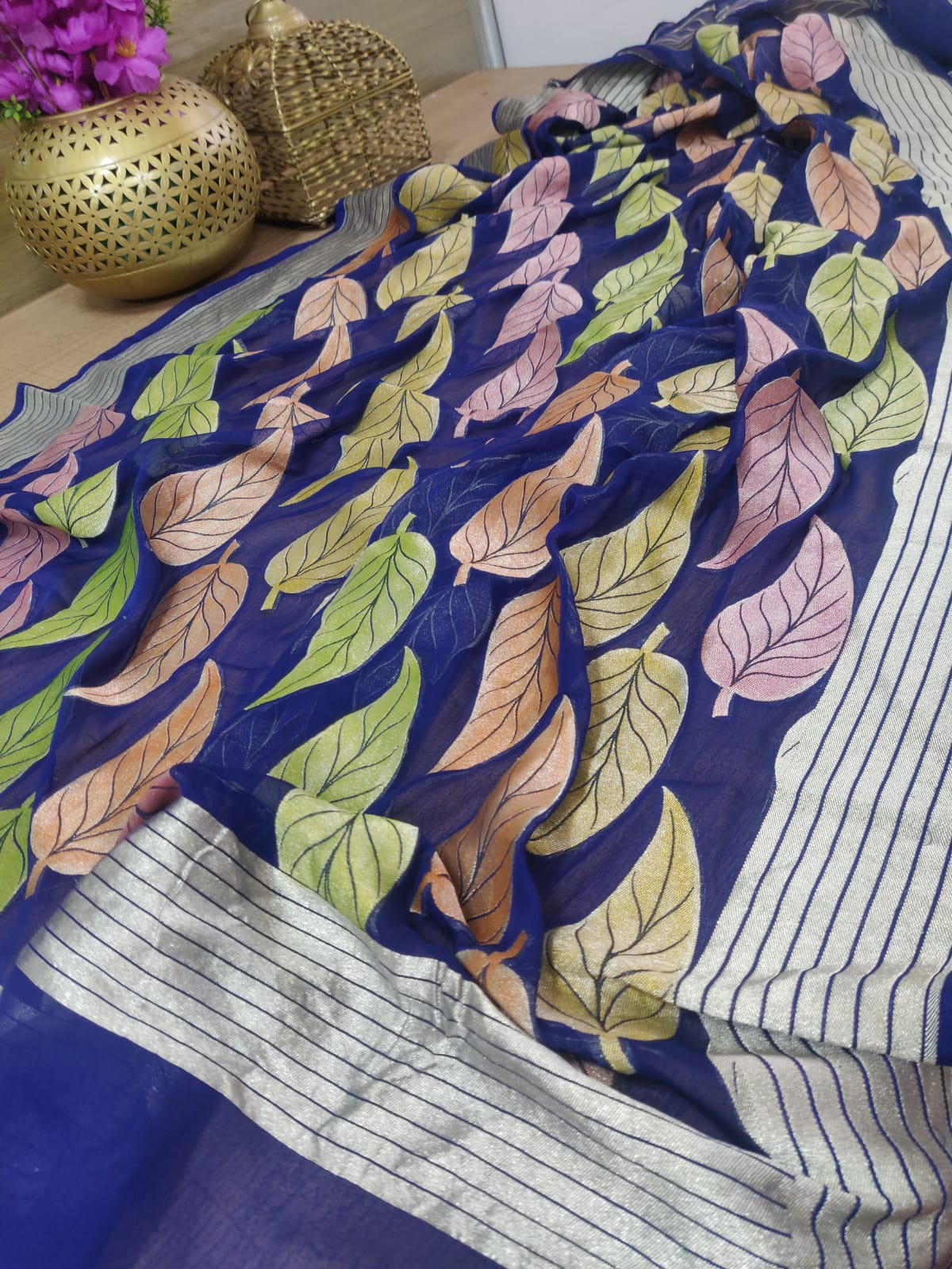 Blue Handloom Banarasi Brush Dye Pure Georgette Dupatta - Luxurion World