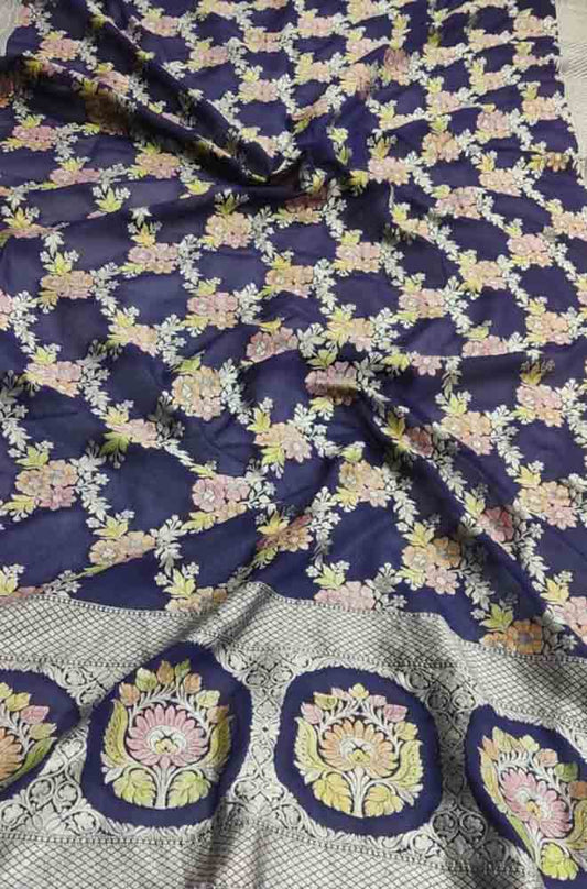 Blue Handloom Banarasi Brush Dye Pure Georgette Dupatta - Luxurion World