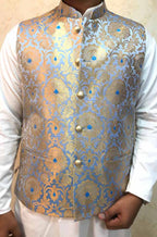 Blue Handloom Banarasi Kimkhwab Nehru Jacket - Luxurion World