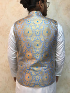 Blue Handloom Banarasi Kimkhwab Nehru Jacket - Luxurion World