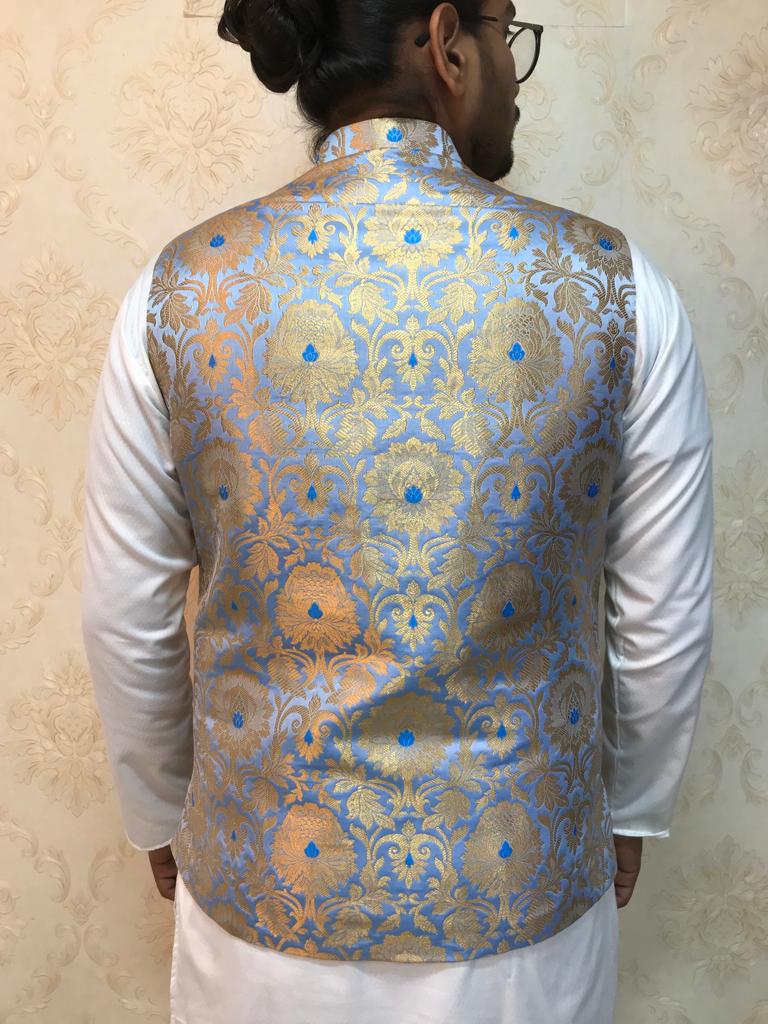 Blue Handloom Banarasi Kimkhwab Nehru Jacket - Luxurion World