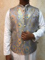 Blue Handloom Banarasi Kimkhwab Nehru Jacket - Luxurion World