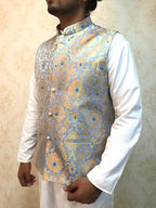 Blue Handloom Banarasi Kimkhwab Nehru Jacket - Luxurion World