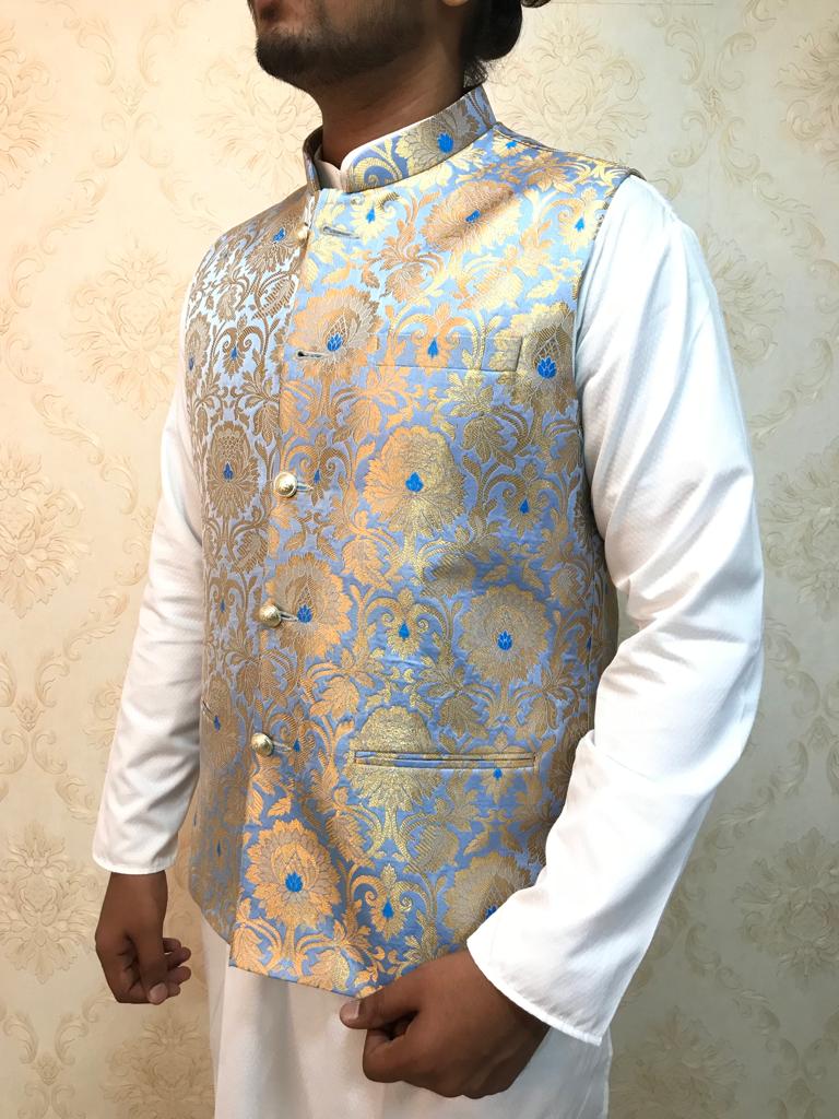 Blue Handloom Banarasi Kimkhwab Nehru Jacket - Luxurion World