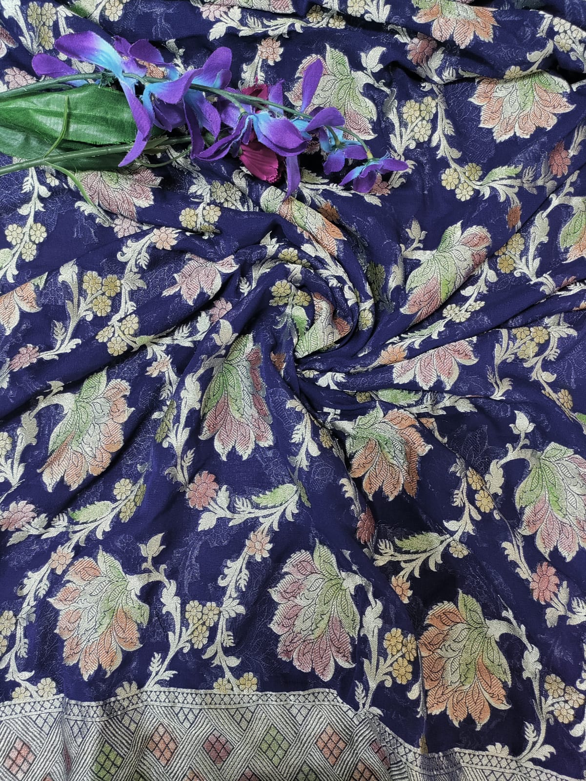 Blue Handloom Banarasi Pure Georgette Brush Dye Dupatta - Luxurion World