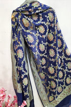 Blue Handloom Banarasi Pure Georgette Brush Dye Dupatta - Luxurion World