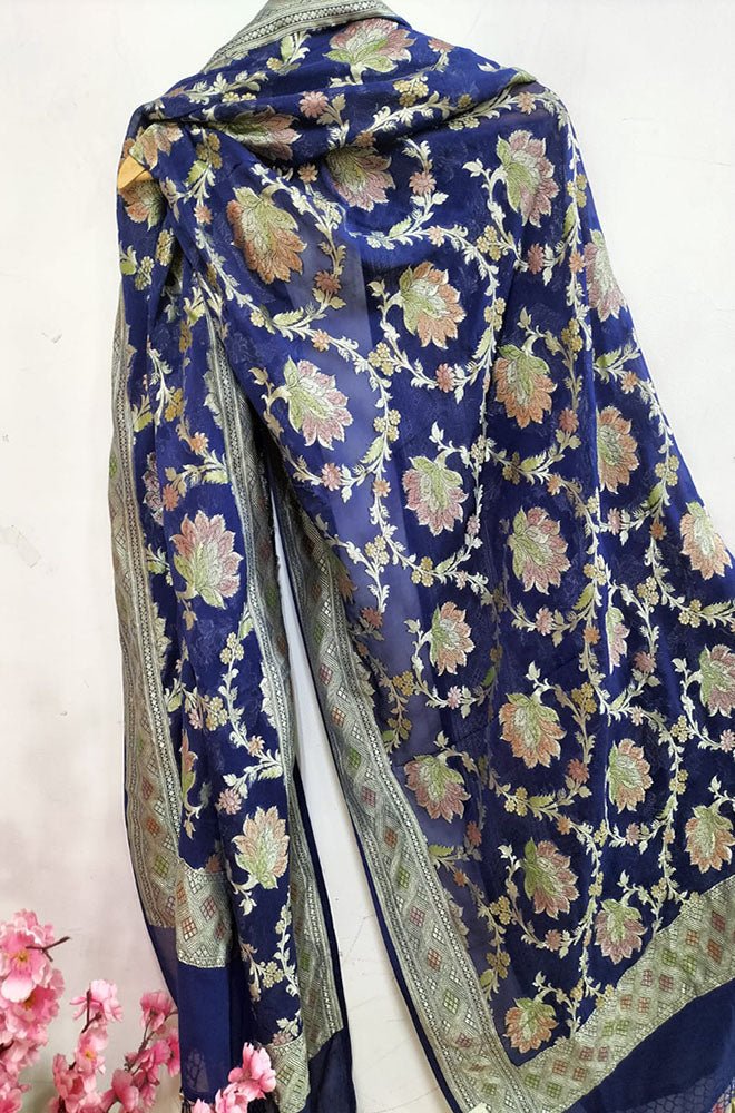 Blue Handloom Banarasi Pure Georgette Brush Dye Dupatta - Luxurion World
