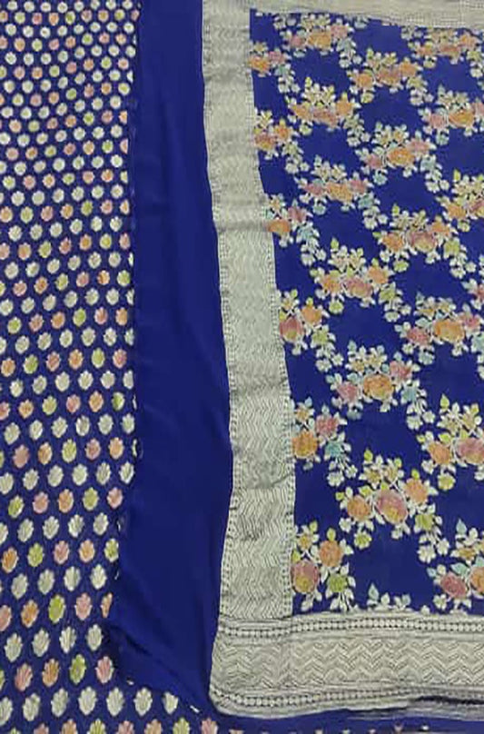Blue Handloom Banarasi Pure Georgette Brush Dyed Suit - Luxurion World