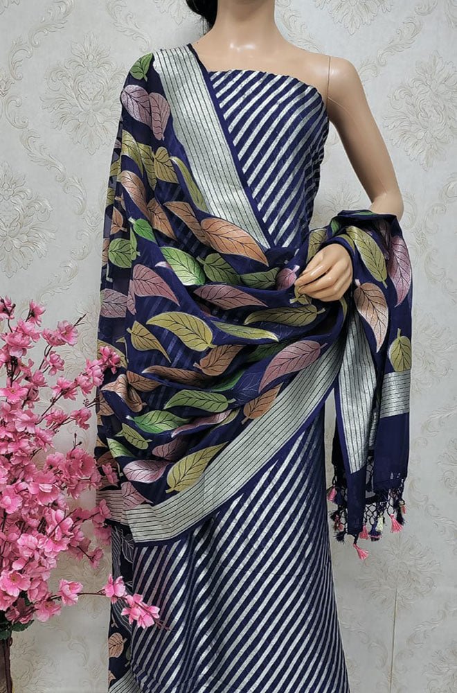 Blue Handloom Banarasi Pure Georgette Georgette Brush Dye Unstitched Suit Set - Luxurion World