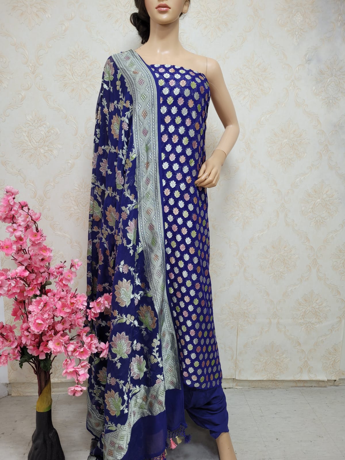 Blue Handloom Banarasi Pure Georgette Georgette Brush Dye Unstitched Suit Set - Luxurion World