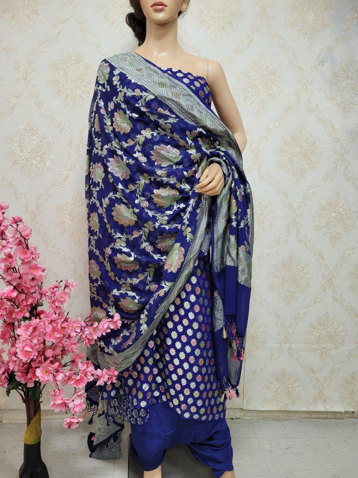 Blue Handloom Banarasi Pure Georgette Georgette Brush Dye Unstitched Suit Set - Luxurion World
