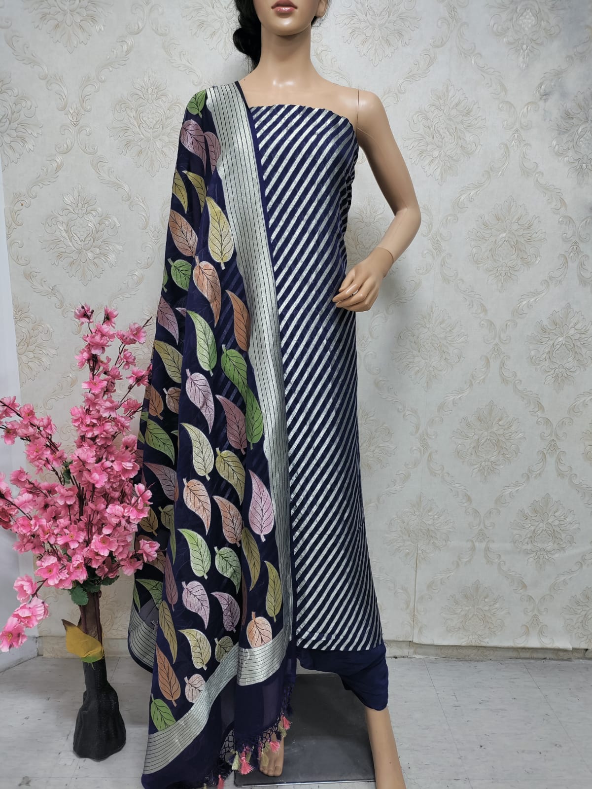 Blue Handloom Banarasi Pure Georgette Georgette Brush Dye Unstitched Suit Set - Luxurion World