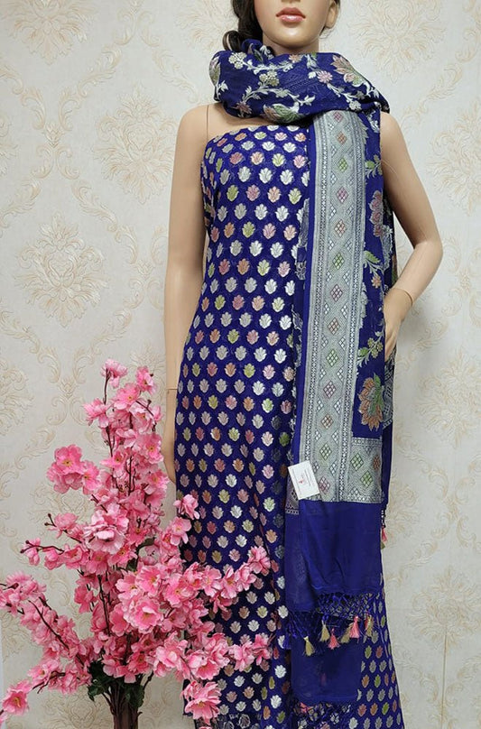 Blue Handloom Banarasi Pure Georgette Georgette Brush Dye Unstitched Suit Set - Luxurion World