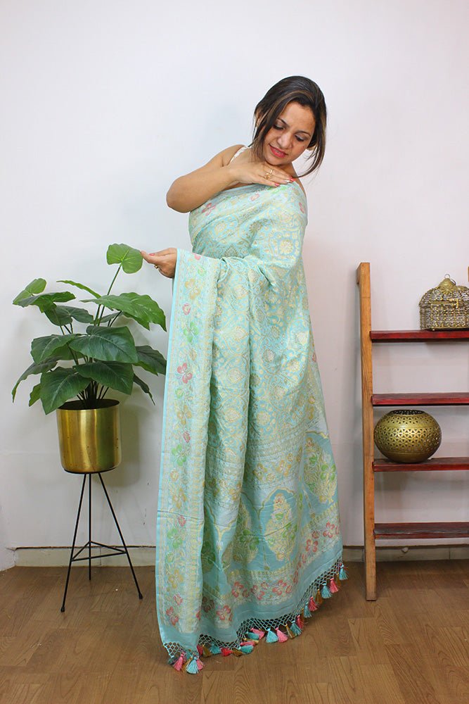 Blue Handloom Banarasi Pure Georgette Meenakari Saree - Luxurion World