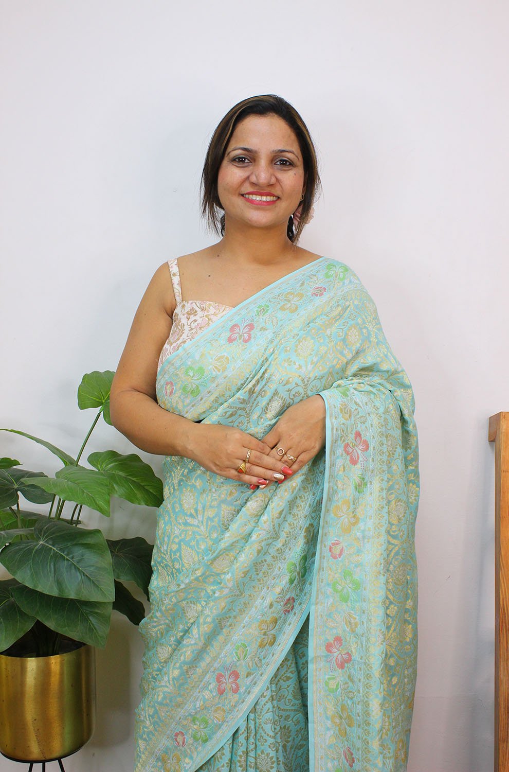 Blue Handloom Banarasi Pure Georgette Meenakari Saree - Luxurion World