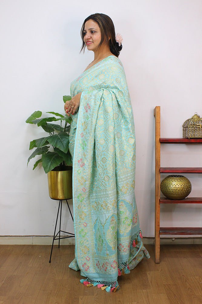 Blue Handloom Banarasi Pure Georgette Meenakari Saree - Luxurion World