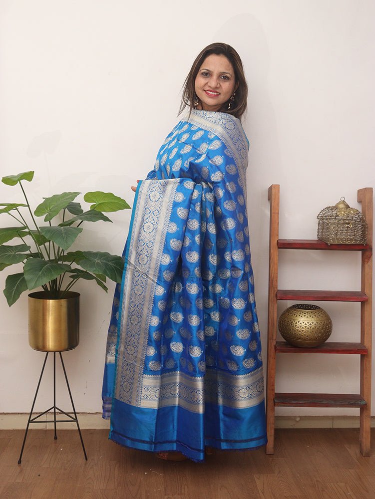 Blue Handloom Banarasi Pure Katan Silk Dupatta - Luxurion World