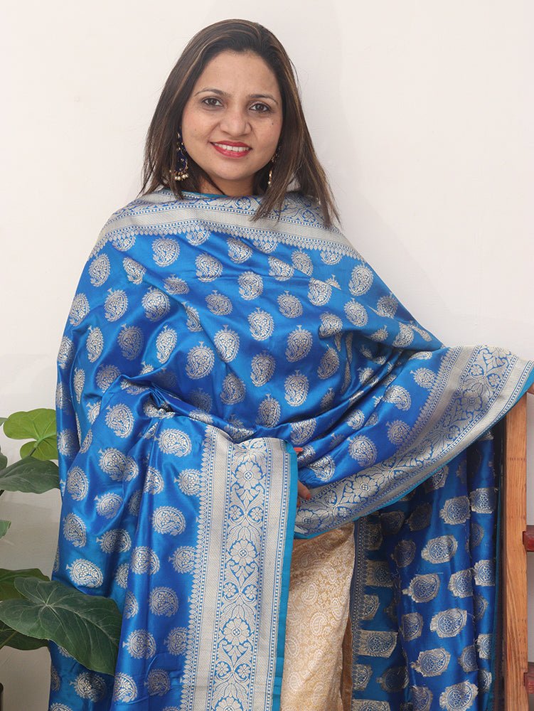 Blue Handloom Banarasi Pure Katan Silk Dupatta - Luxurion World
