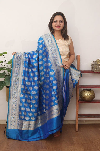 Blue Handloom Banarasi Pure Katan Silk Dupatta - Luxurion World