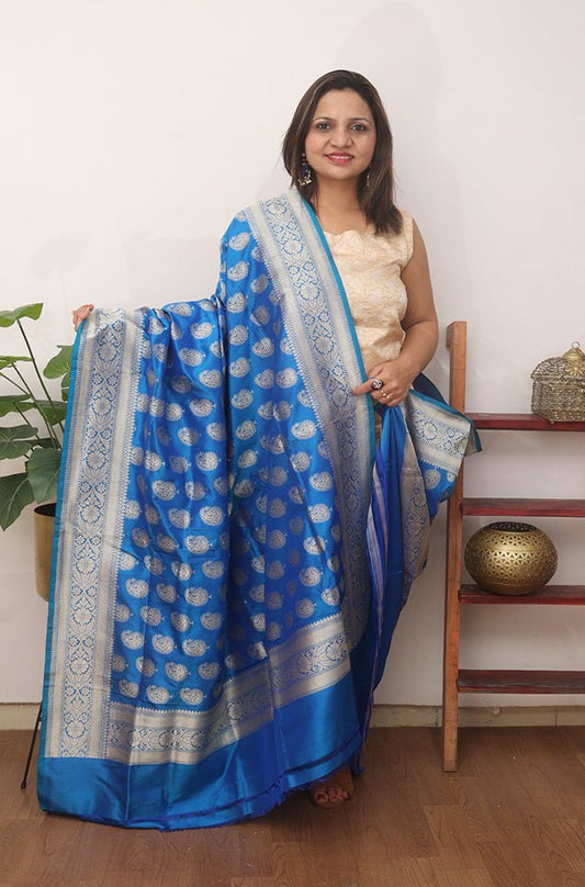 Blue Handloom Banarasi Pure Katan Silk Dupatta - Luxurion World