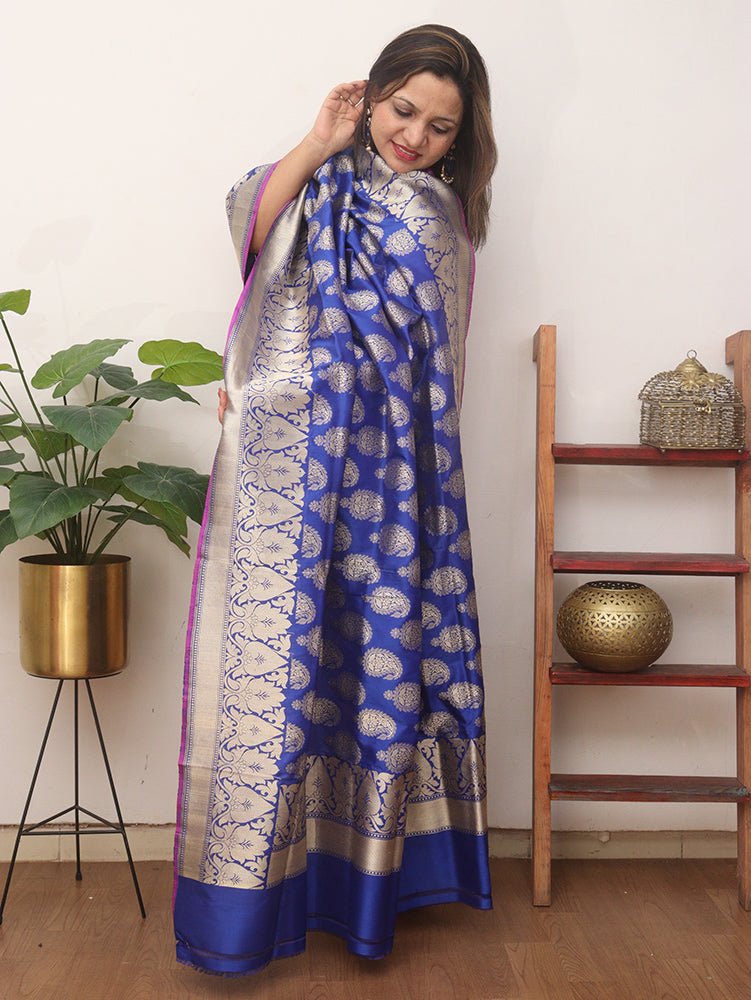Blue Handloom Banarasi Pure Katan Silk Dupatta - Luxurion World