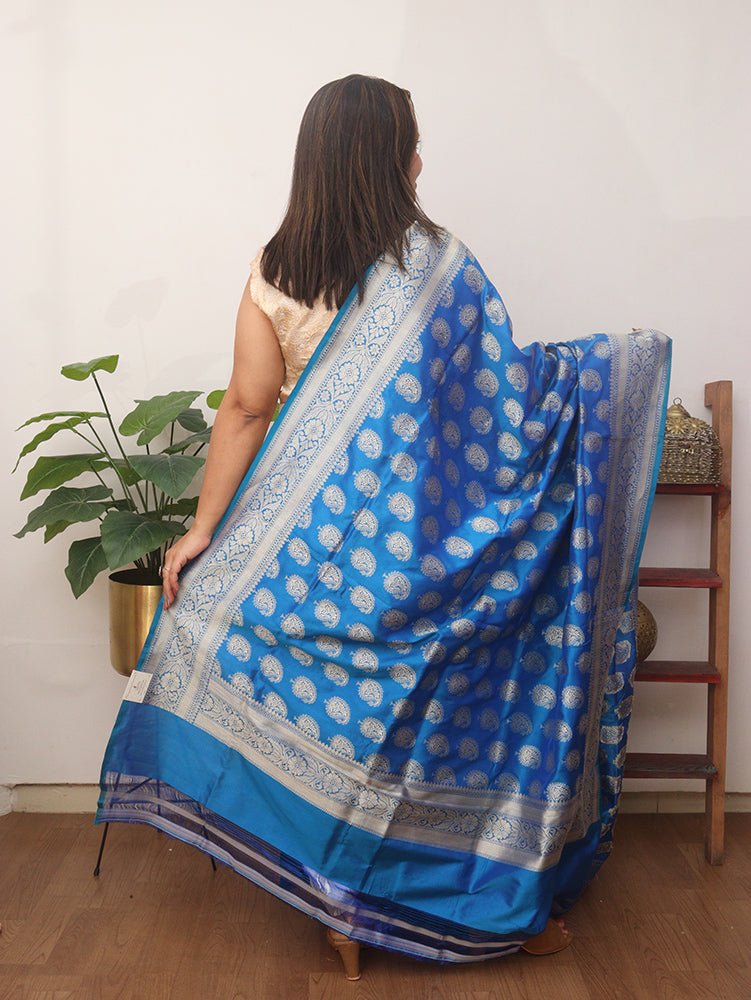 Blue Handloom Banarasi Pure Katan Silk Dupatta - Luxurion World