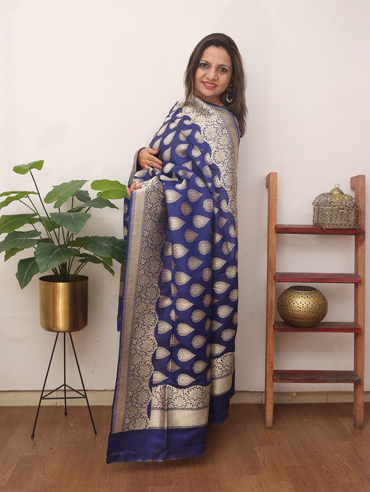 Blue Handloom Banarasi Pure Katan Silk Dupatta - Luxurion World