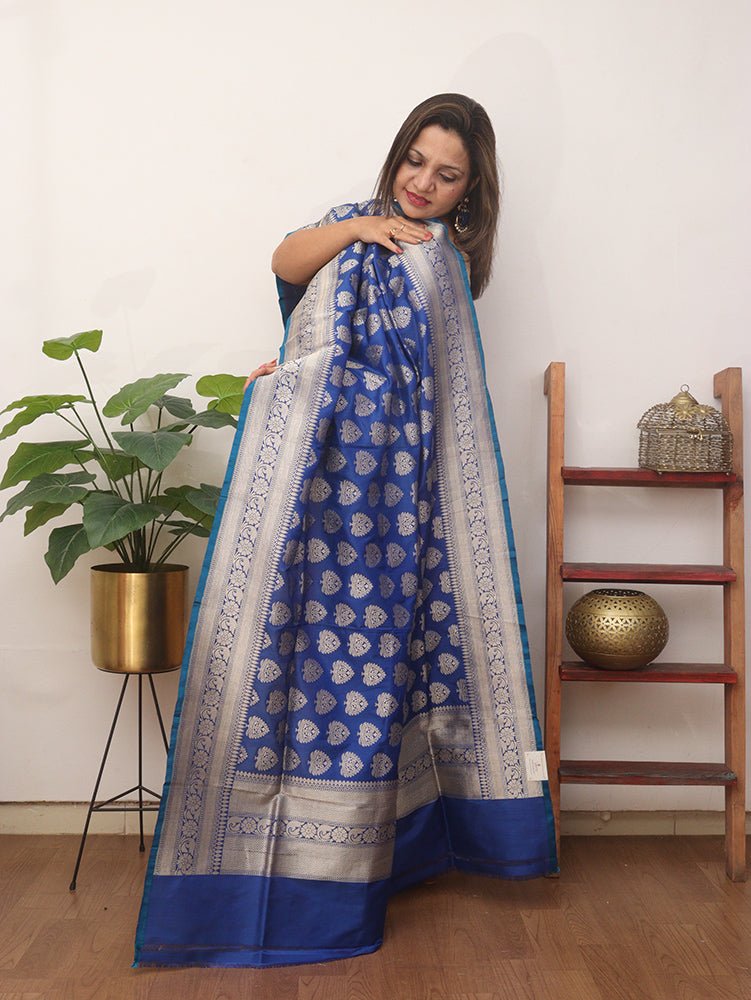 Blue Handloom Banarasi Pure Katan Silk Dupatta - Luxurion World