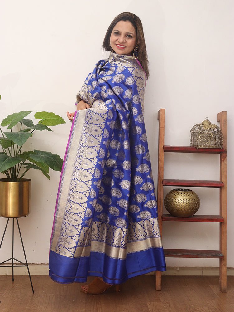 Blue Handloom Banarasi Pure Katan Silk Dupatta - Luxurion World