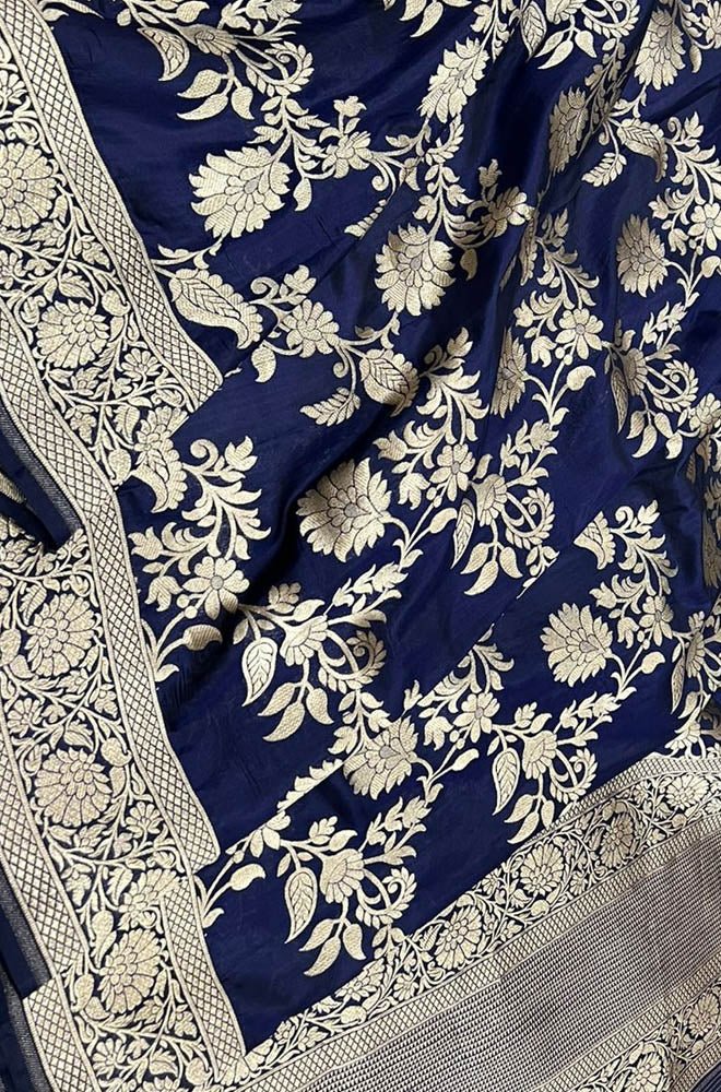 Blue Handloom Banarasi Pure Katan Silk Dupatta - Luxurion World