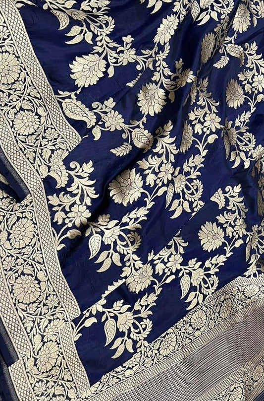 Blue Handloom Banarasi Pure Katan Silk Dupatta - Luxurion World