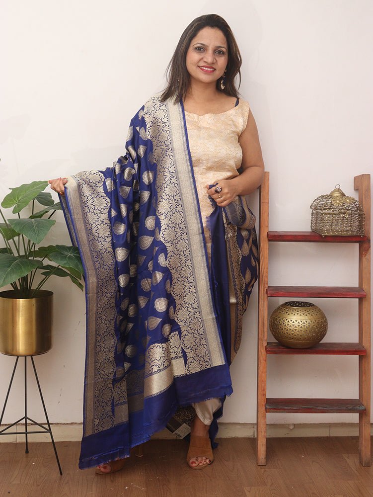 Blue Handloom Banarasi Pure Katan Silk Dupatta - Luxurion World