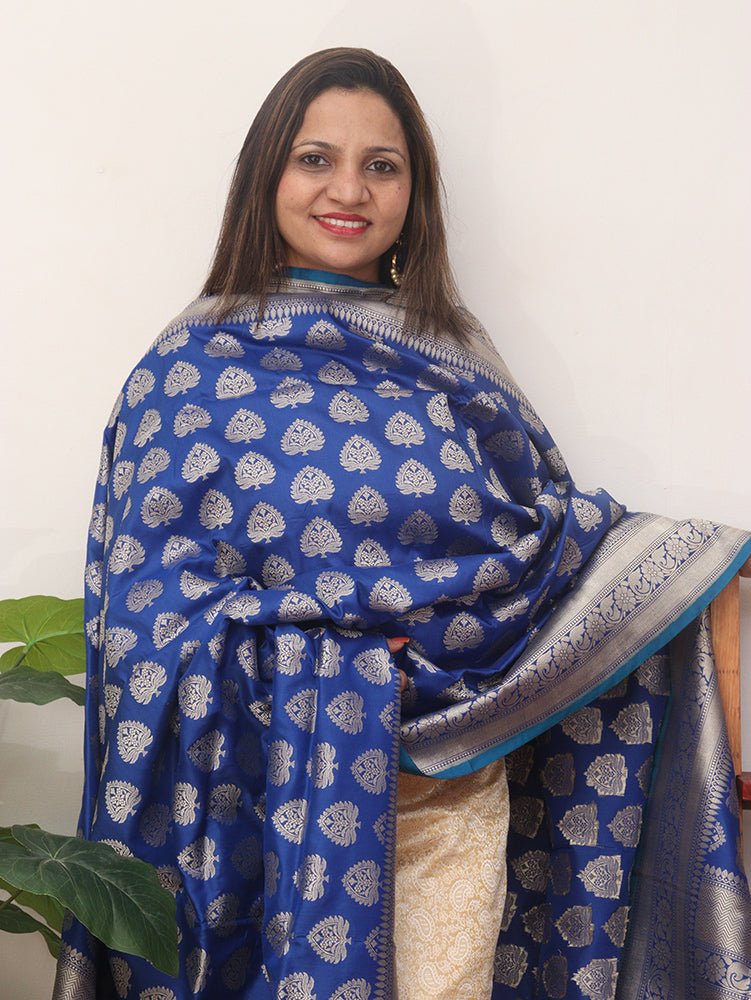 Blue Handloom Banarasi Pure Katan Silk Dupatta - Luxurion World