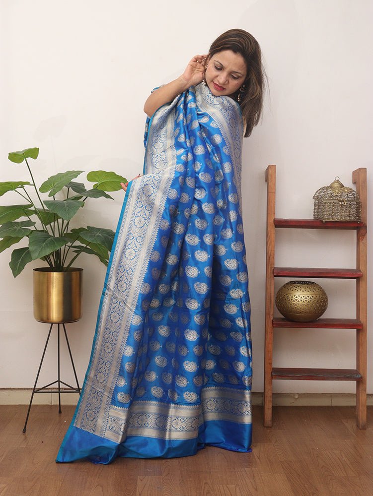 Blue Handloom Banarasi Pure Katan Silk Dupatta - Luxurion World