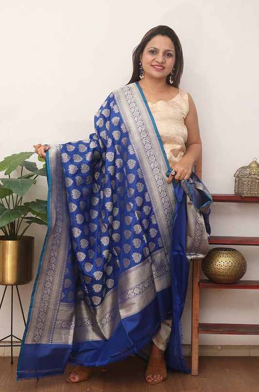 Blue Handloom Banarasi Pure Katan Silk Dupatta - Luxurion World