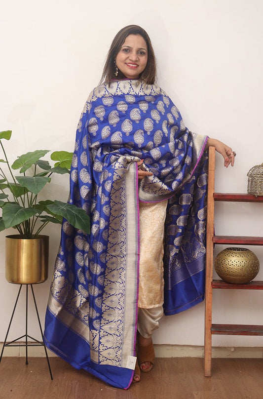Blue Handloom Banarasi Pure Katan Silk Dupatta - Luxurion World