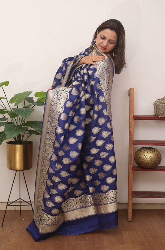 Blue Handloom Banarasi Pure Katan Silk Dupatta - Luxurion World