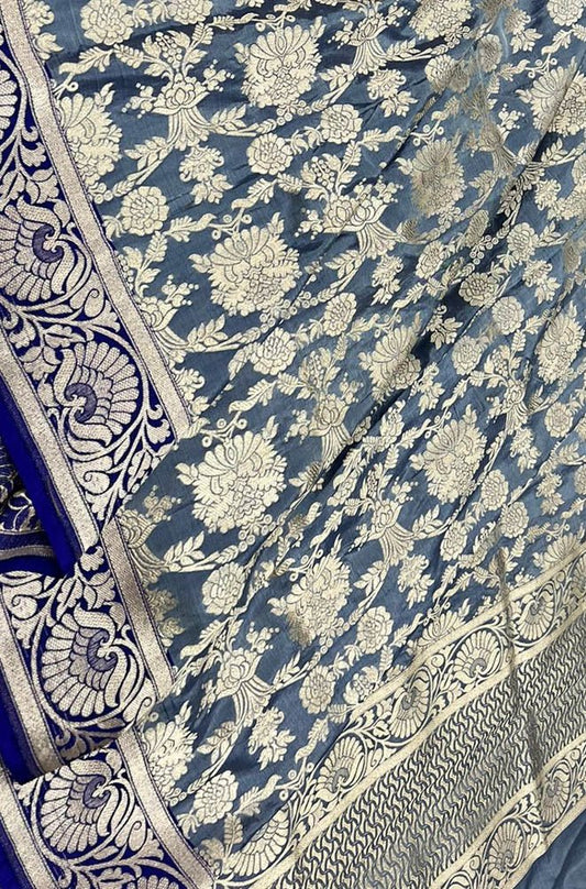 Blue Handloom Banarasi Pure Katan Silk Dupatta - Luxurion World