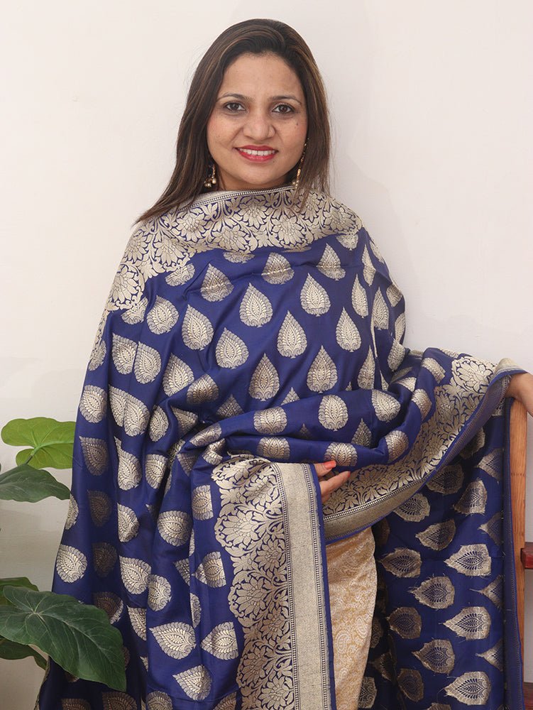 Blue Handloom Banarasi Pure Katan Silk Dupatta - Luxurion World