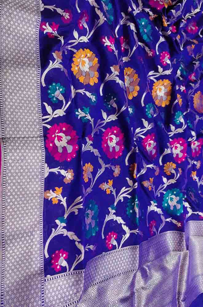 Blue Handloom Banarasi Pure Katan Silk Meenakari Dupatta - Luxurion World
