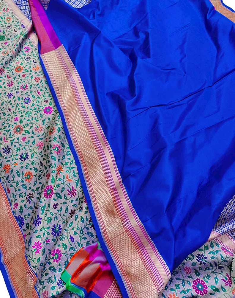 Blue Handloom Banarasi Pure Katan Silk Saree - Luxurion World