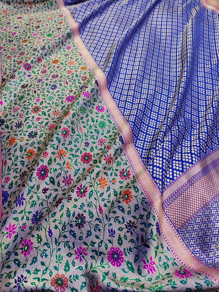 Blue Handloom Banarasi Pure Katan Silk Saree - Luxurion World