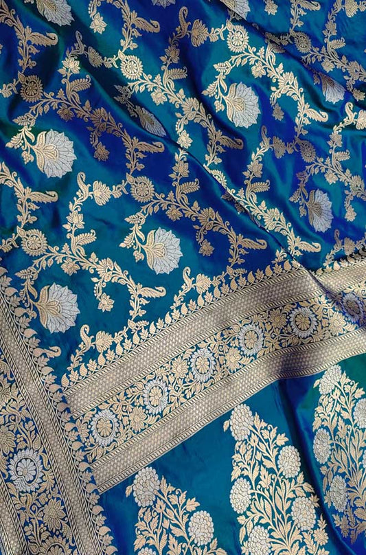 Blue Handloom Banarasi Pure Katan Silk Sona Roopa Saree - Luxurion World