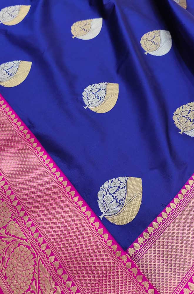 Blue Handloom Banarasi Pure Katan Silk Sona Roopa Saree - Luxurion World