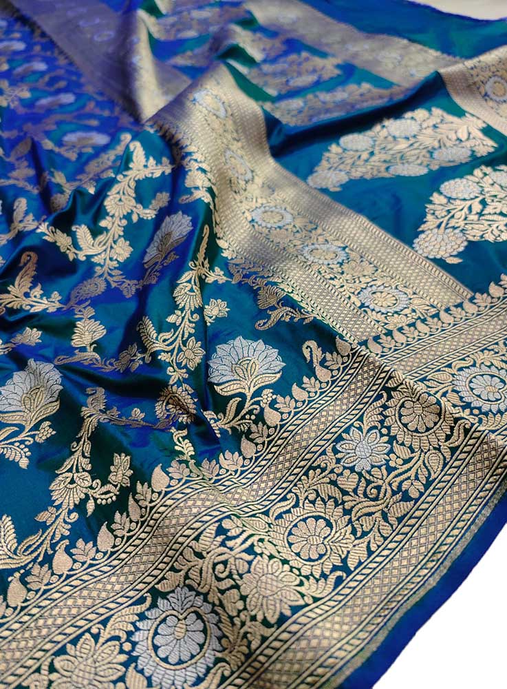 Blue Handloom Banarasi Pure Katan Silk Sona Roopa Saree - Luxurion World